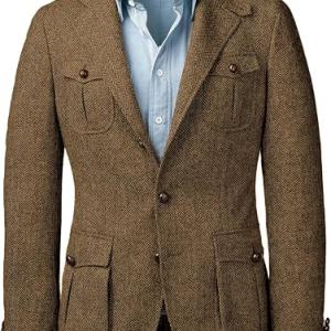 Men's Herringbone Tweed Blazer Vintage Norfolk Jacket Wool Blend